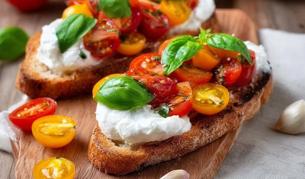 Bruschette con pomodorini freschi e burrata cremosa, un antipasto delizioso