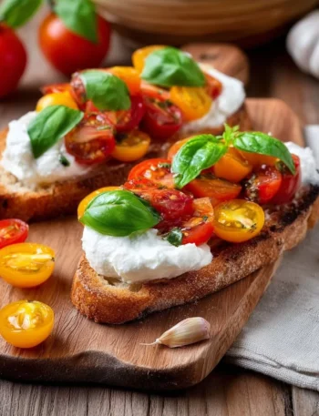 Bruschette con pomodorini freschi e burrata cremosa, un antipasto delizioso