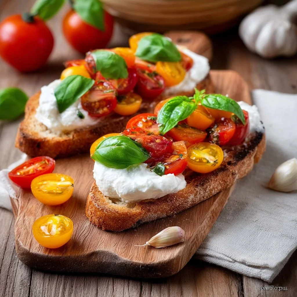 Bruschette con pomodorini freschi e burrata cremosa, un antipasto delizioso