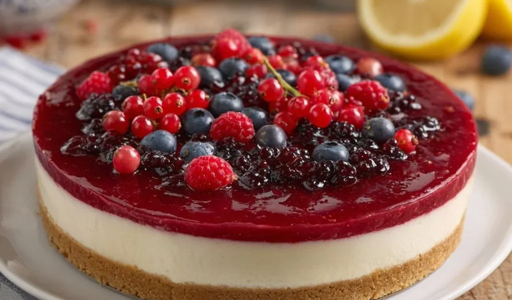 Cheesecake ai frutti di bosco con decorazioni di frutta fresca