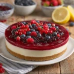 Cheesecake ai frutti di bosco con decorazioni di frutta fresca