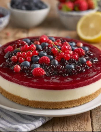 Cheesecake ai frutti di bosco con decorazioni di frutta fresca