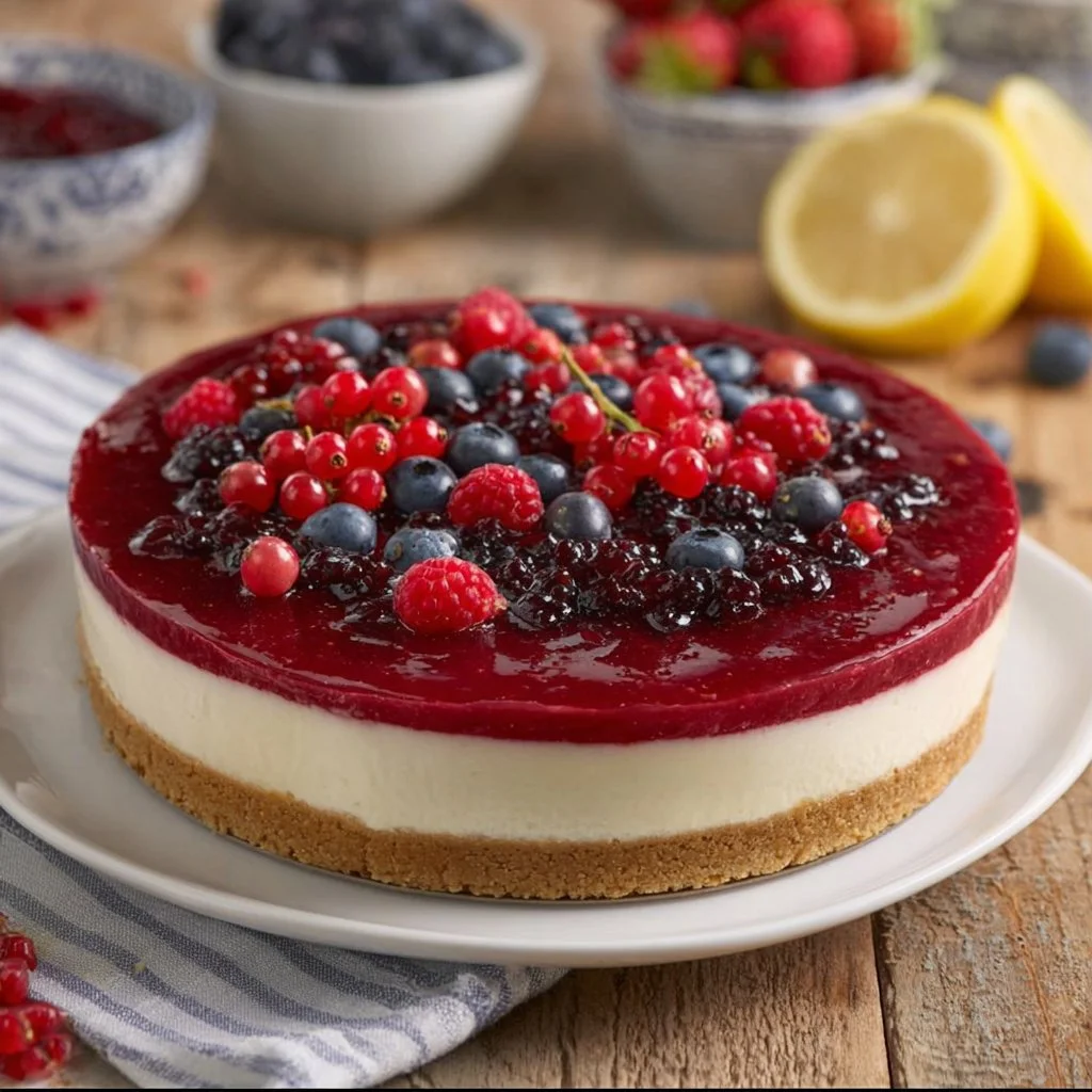Cheesecake ai frutti di bosco con decorazioni di frutta fresca