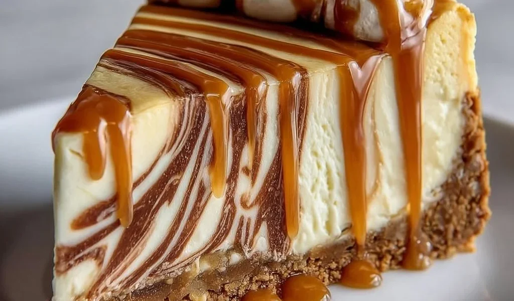 Cheesecake al caramello cremosa e deliziosa servita su un piatto elegante
