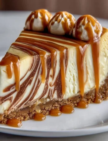 Cheesecake al caramello cremosa e deliziosa servita su un piatto elegante
