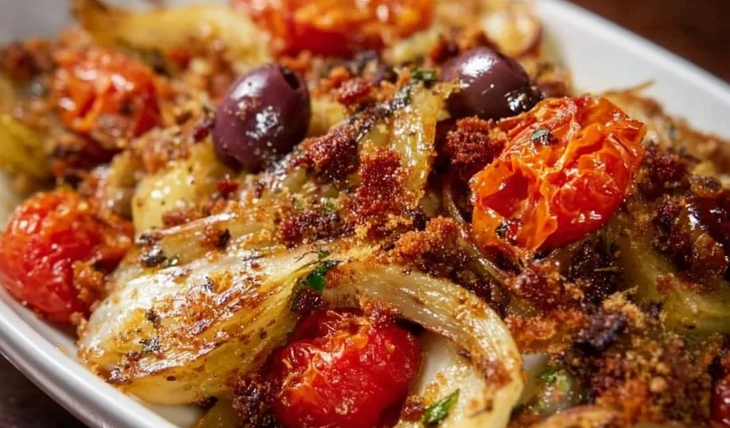 Finocchi alla Mediterranea preparati con ingredienti freschi e colorati