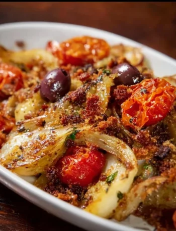 Finocchi alla Mediterranea preparati con ingredienti freschi e colorati