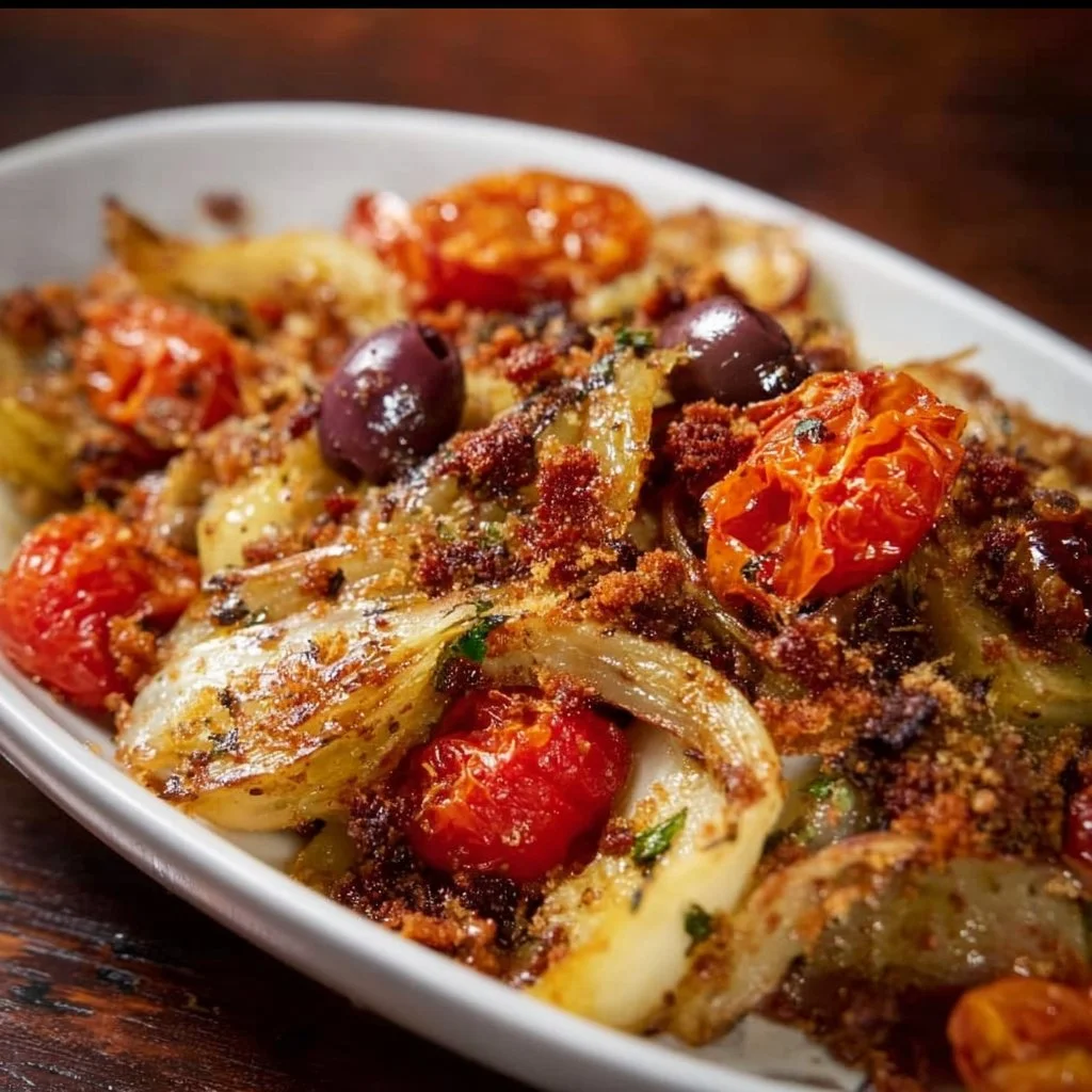 Finocchi alla Mediterranea preparati con ingredienti freschi e colorati