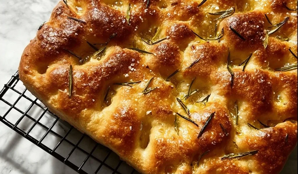 Focaccia appena sfornata, dorata e fragrante con rosmarino e olio d'oliva.