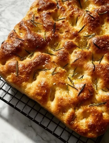 Focaccia appena sfornata, dorata e fragrante con rosmarino e olio d'oliva.