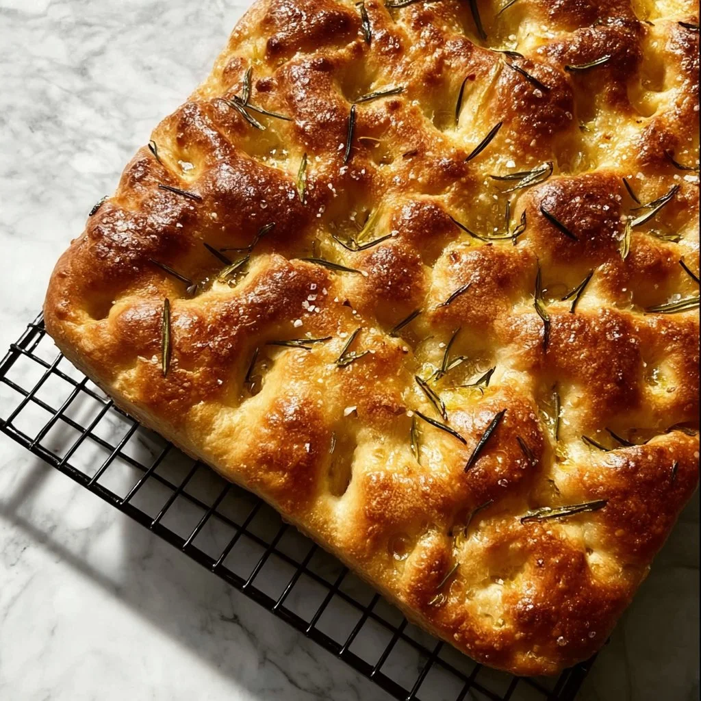 Focaccia appena sfornata, dorata e fragrante con rosmarino e olio d'oliva.