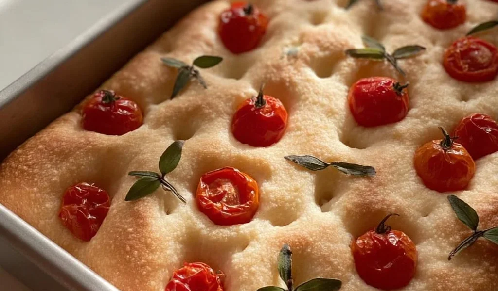 Focaccia al lievito madre morbida e profumata appena sfornata