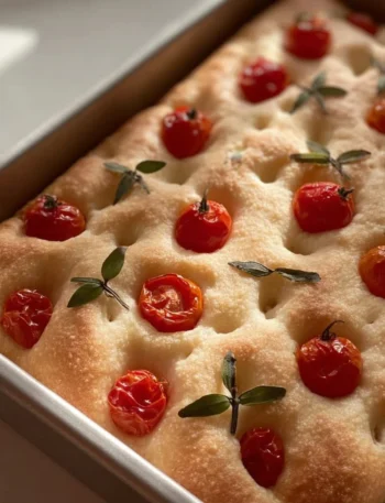 Focaccia al lievito madre morbida e profumata appena sfornata
