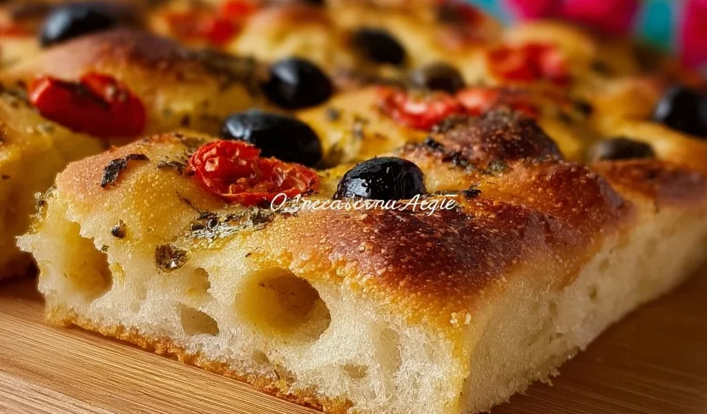 Deliziosa Focaccia Barese con pomodorini freschi e olio d'oliva