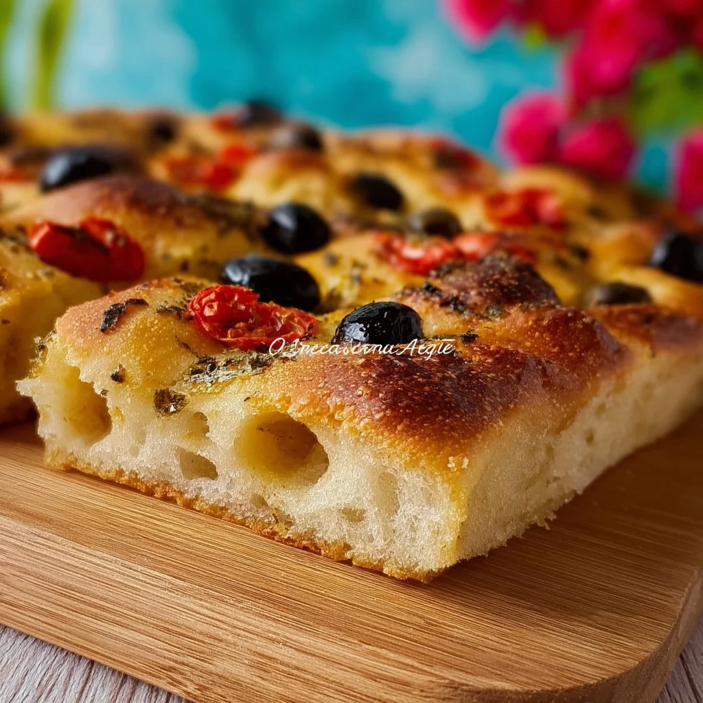 Deliziosa Focaccia Barese con pomodorini freschi e olio d'oliva