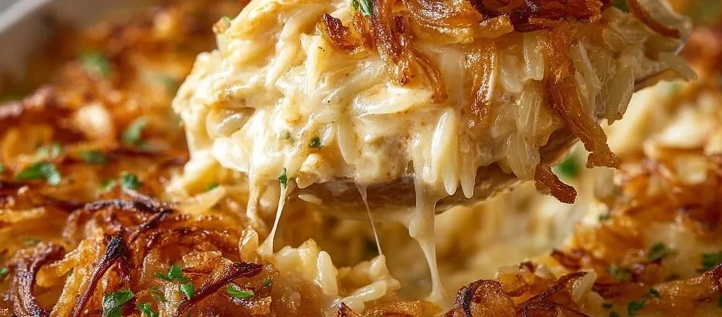 French Onion Chicken Orzo Casserole