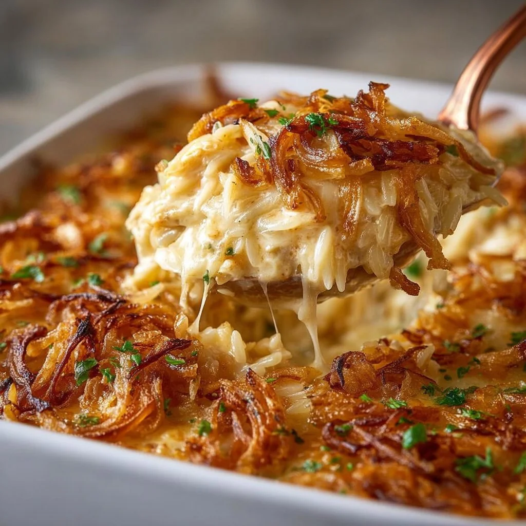 French Onion Chicken Orzo Casserole