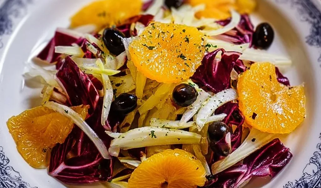 Insalata di Arance con Finocchio, Radicchio e Olive Nere su un piatto