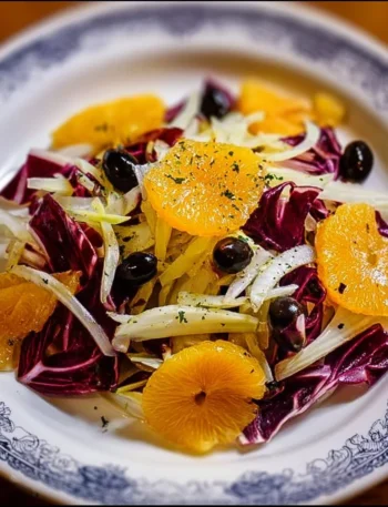 Insalata di Arance con Finocchio, Radicchio e Olive Nere su un piatto