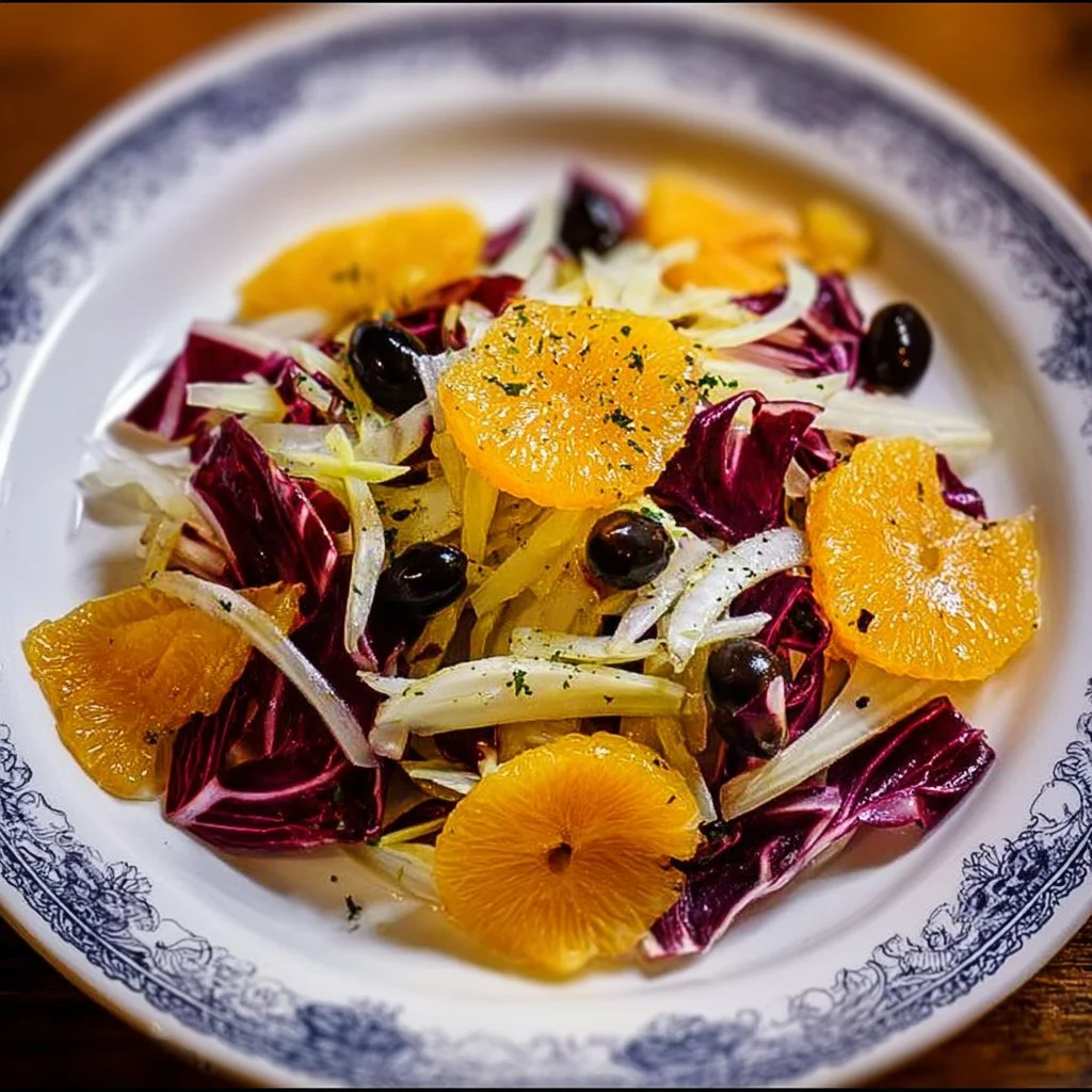 Insalata di Arance con Finocchio, Radicchio e Olive Nere su un piatto