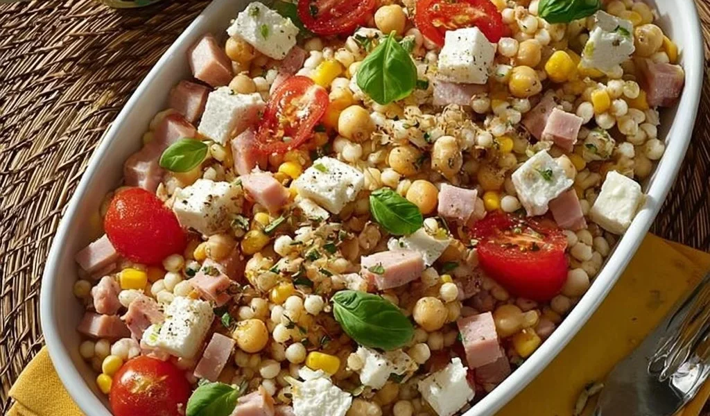 Insalata di farro con feta, pomodorini, mais e prosciutto cotto servita in un piatto