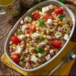 Insalata di farro con feta, pomodorini, mais e prosciutto cotto servita in un piatto