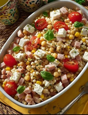 Insalata di farro con feta, pomodorini, mais e prosciutto cotto servita in un piatto