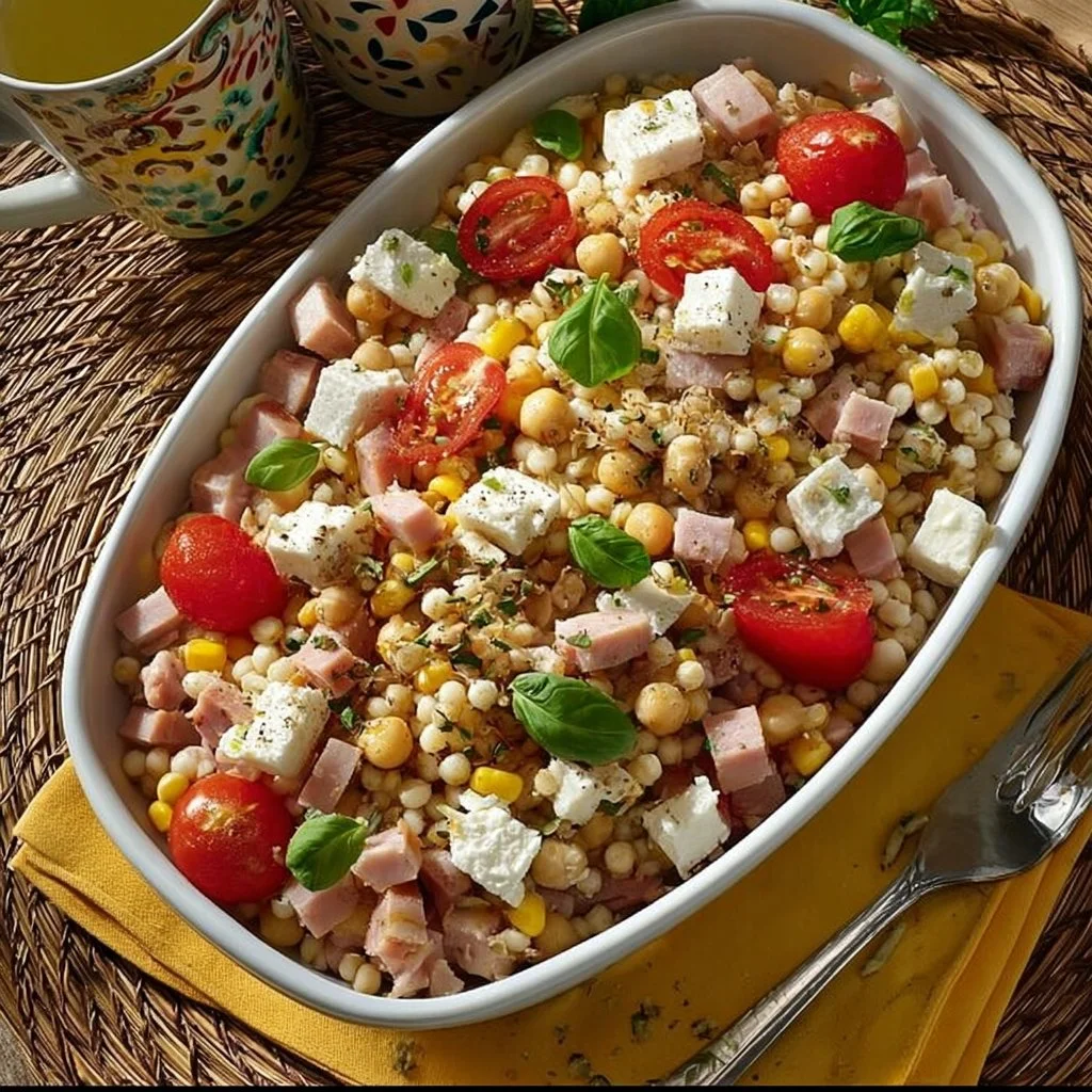 Insalata di farro con feta, pomodorini, mais e prosciutto cotto servita in un piatto