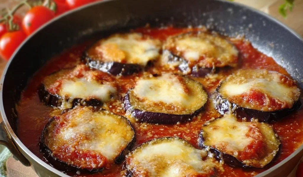 Melanzane alla pizzaiola cotte in padella, pronte per essere servite.
