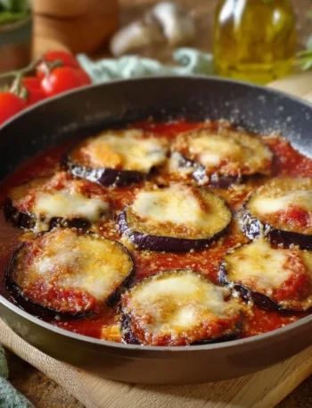 Melanzane alla pizzaiola cotte in padella, pronte per essere servite.