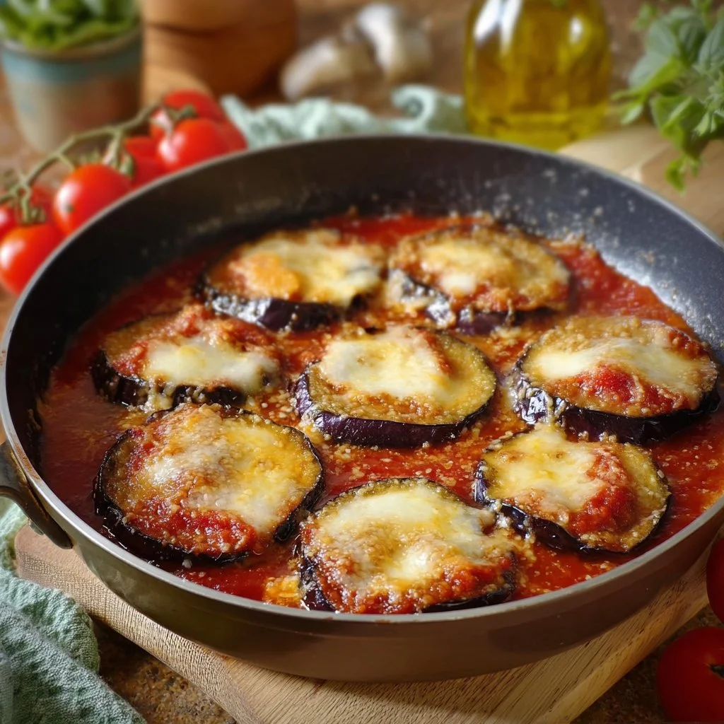 Melanzane alla pizzaiola cotte in padella, pronte per essere servite.