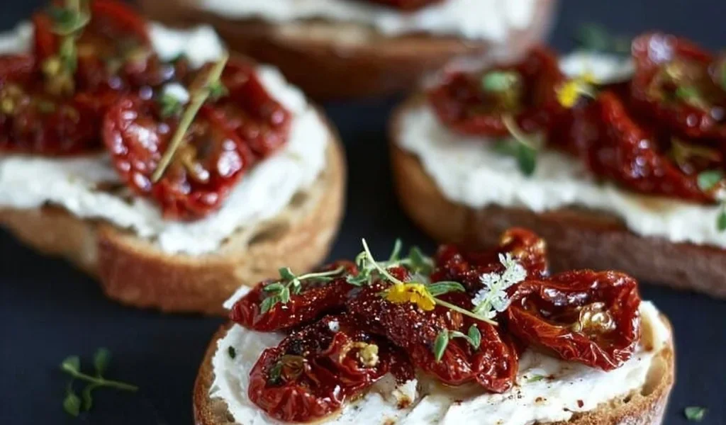 Pane ai cereali con stracciatella e pomodorini secchi in un piatto