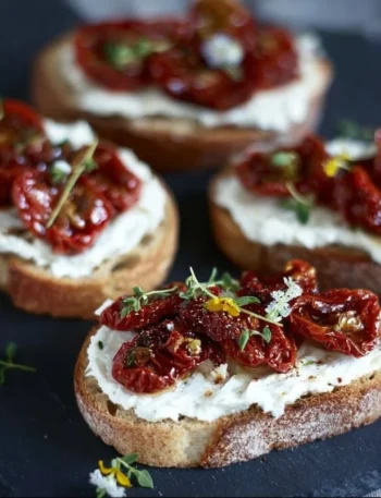 Pane ai cereali con stracciatella e pomodorini secchi in un piatto