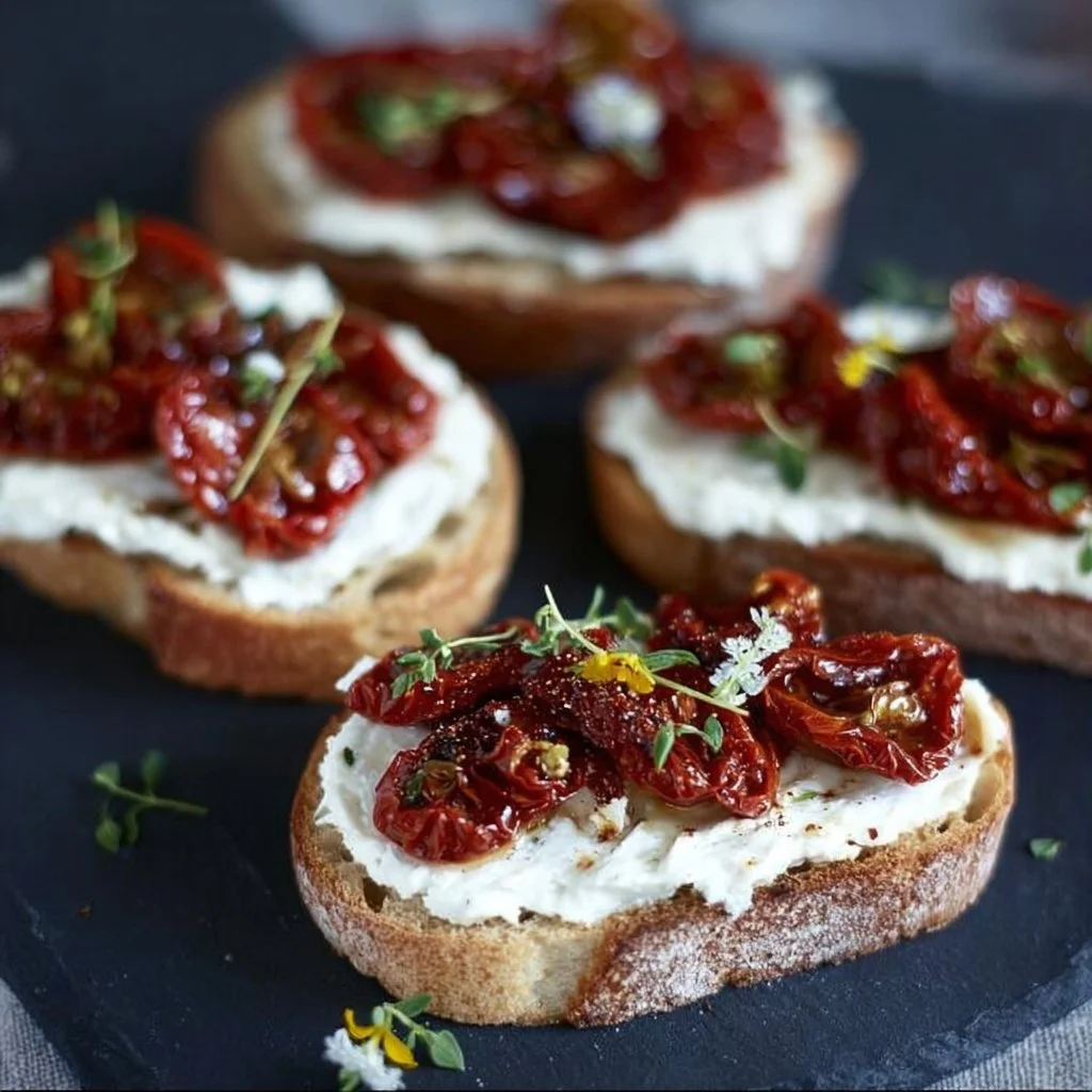 Pane ai cereali con stracciatella e pomodorini secchi in un piatto