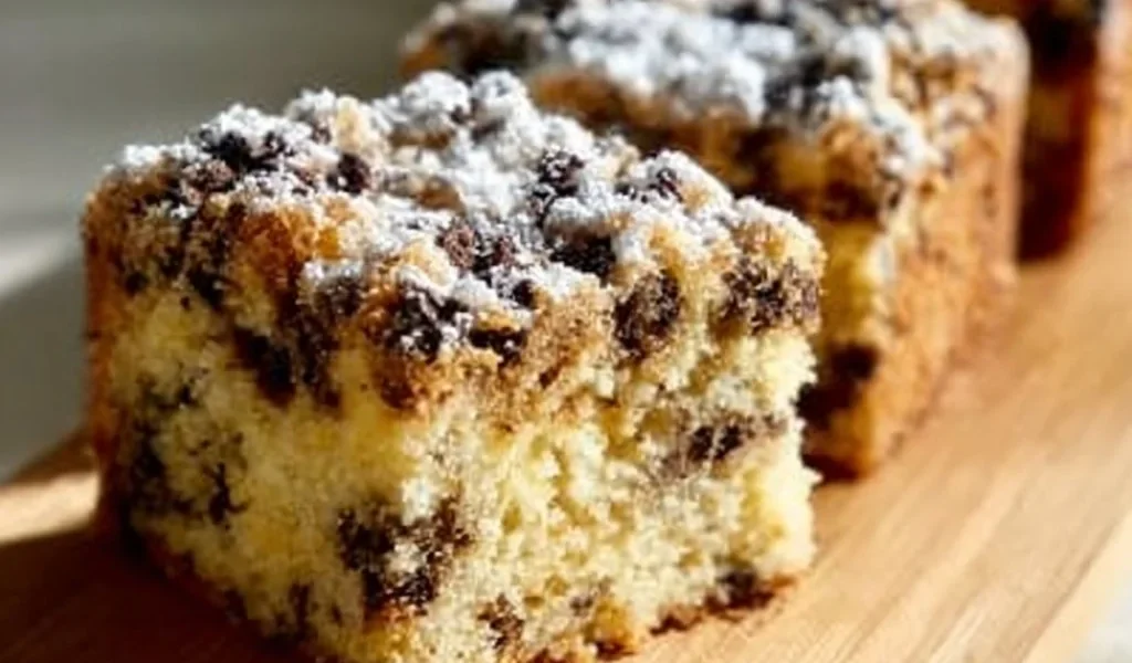 Plum cake di yogurt con gocce di cioccolato appena sfornato e decorato