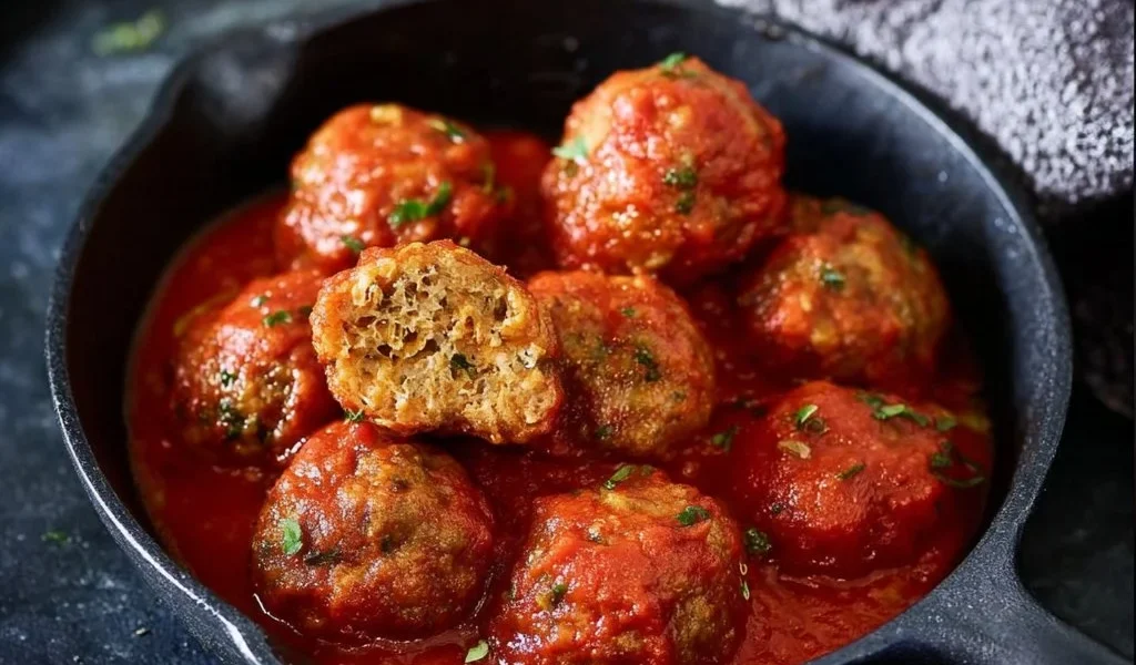 Polpette di lenticchie al sugo servite su un piatto decorativo.