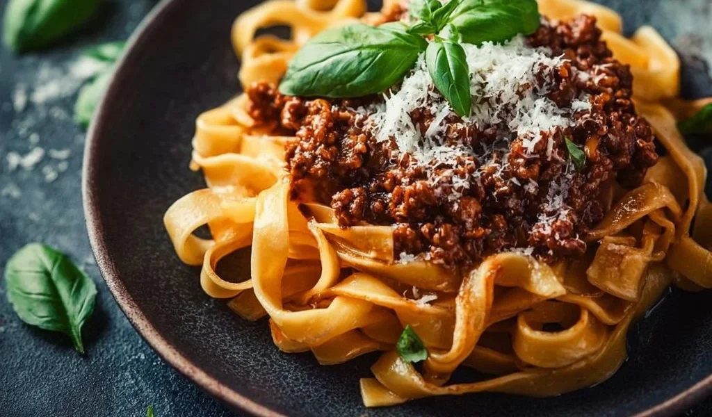 Piatto di Ragù alla Bolognese con pasta fresca e parmigiano.