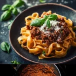 Piatto di Ragù alla Bolognese con pasta fresca e parmigiano.