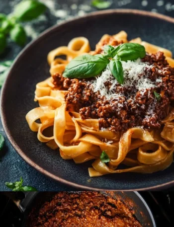 Piatto di Ragù alla Bolognese con pasta fresca e parmigiano.