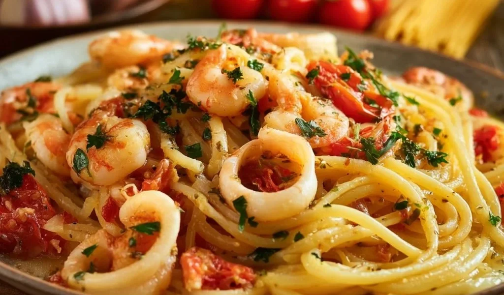 Piatto di Spaghetti Frutti di Mare con frutti di mare freschi e salsa di pomodoro