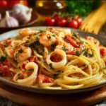Piatto di Spaghetti Frutti di Mare con frutti di mare freschi e salsa di pomodoro