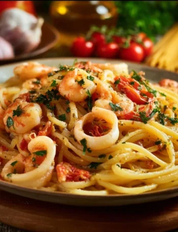 Piatto di Spaghetti Frutti di Mare con frutti di mare freschi e salsa di pomodoro