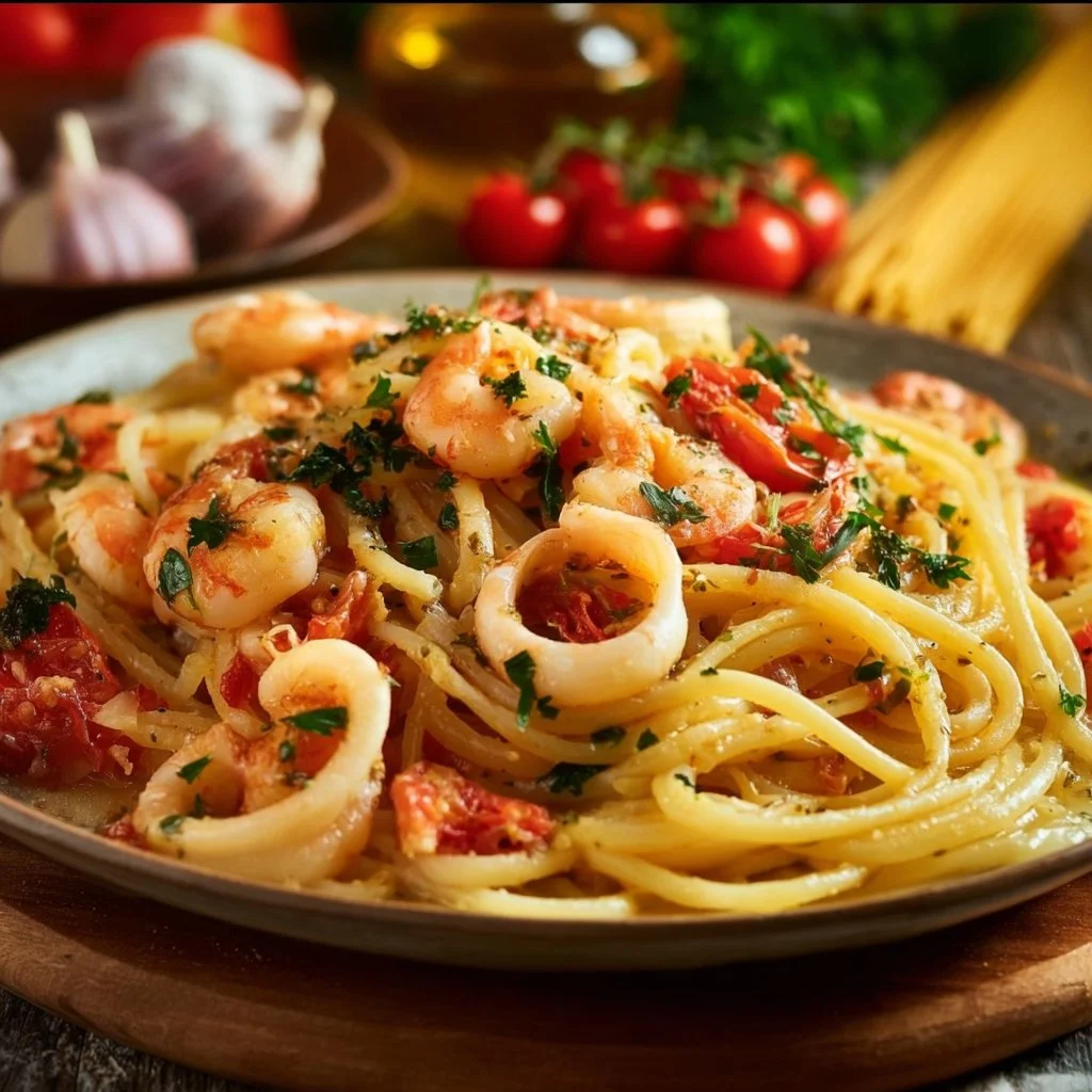 Piatto di Spaghetti Frutti di Mare con frutti di mare freschi e salsa di pomodoro