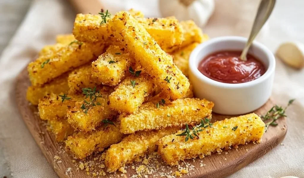 Stick di Polenta al Forno, croccanti e gustosi, pronti da gustare.