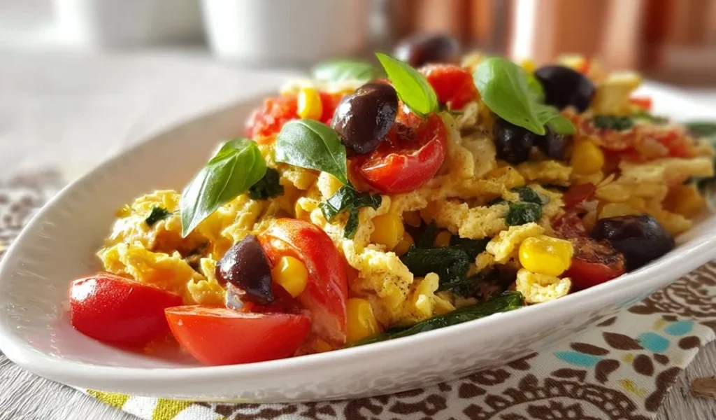 Straccetti di frittata all'insalata serviti in un piatto colorato