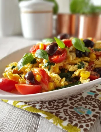Straccetti di frittata all'insalata serviti in un piatto colorato
