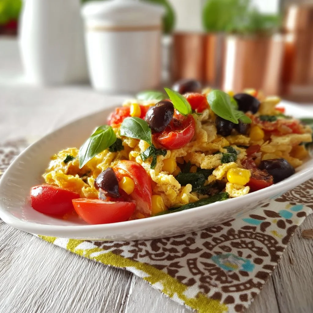 Straccetti di frittata all'insalata serviti in un piatto colorato