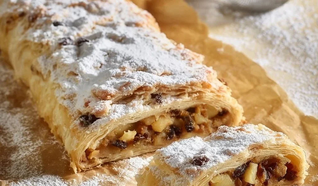 Fetta di Strudel di Mele con mele fresche e cannella in un piatto