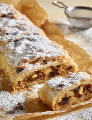 Fetta di Strudel di Mele con mele fresche e cannella in un piatto