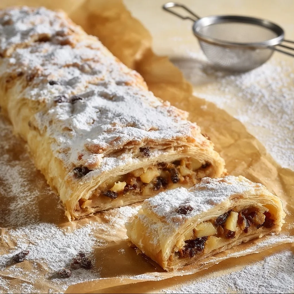 Fetta di Strudel di Mele con mele fresche e cannella in un piatto